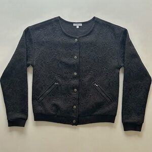 StyleMint Black Textured Floral Bomber Jacket Snap Front Round Neck Size S